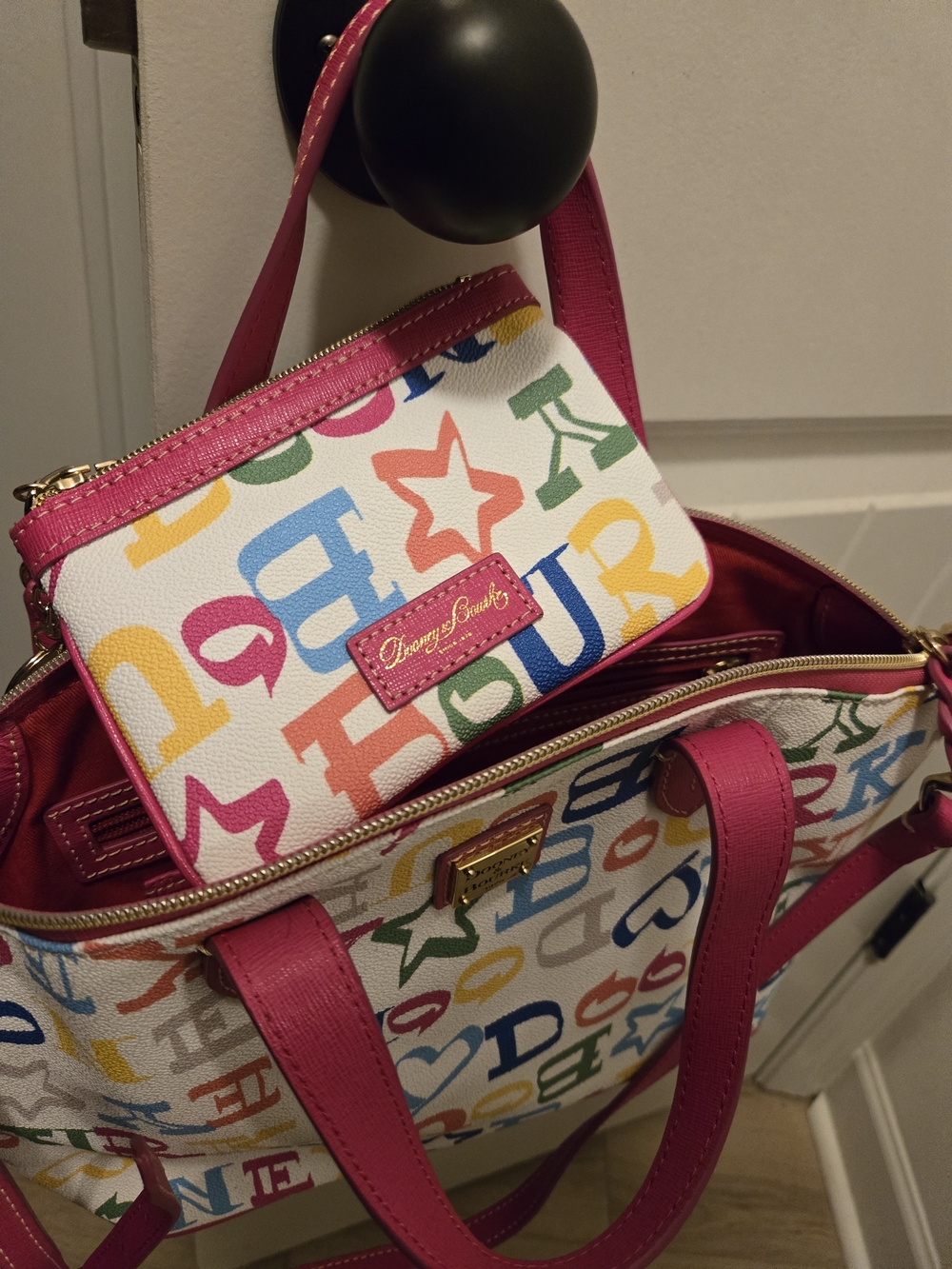 Dooney & Bourke Multicolor Logo Canvas Tote with Pink Trim